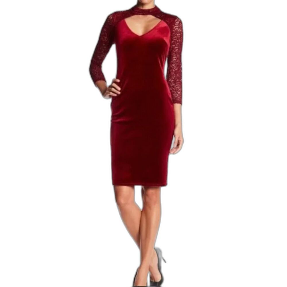 Marina Velvet V Neck Lace Cutout 3/4 Sleeve Dress - Garnet 4